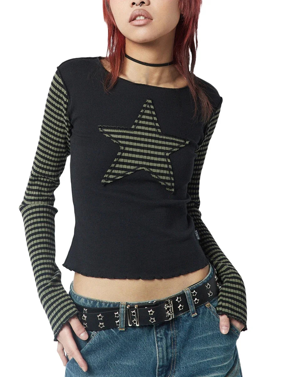 Women Star Casual Shirt Y2k Gothic Tops Long Sleeve Crew Neck Star Stripes Vintage Aesthetic Slim Tops Fashion Grunge Streetwear