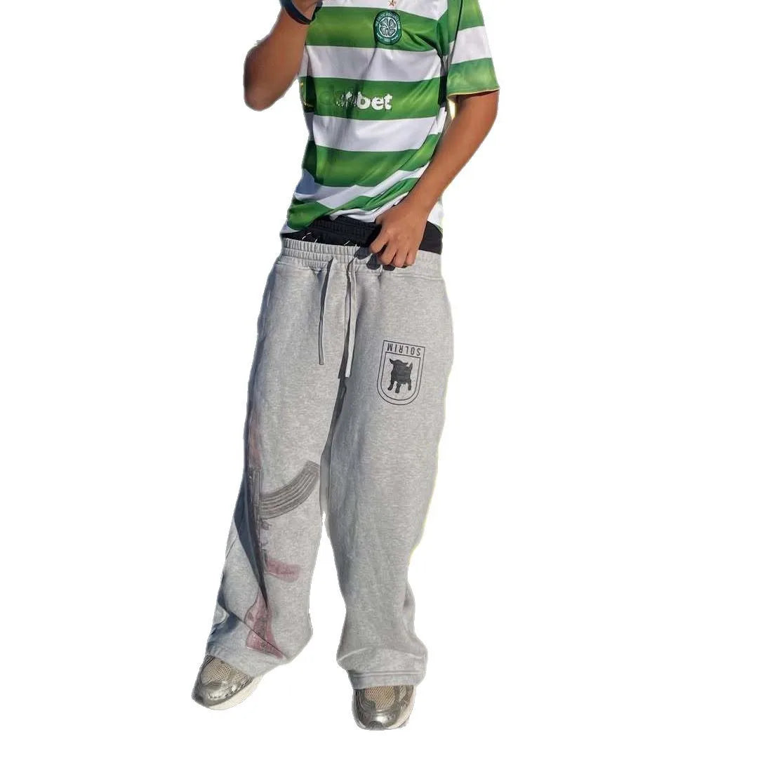 Y2k High Street European American Ins Printed Embroidery Street Folding Pants Headwear Casual Straight Pants West Coast style