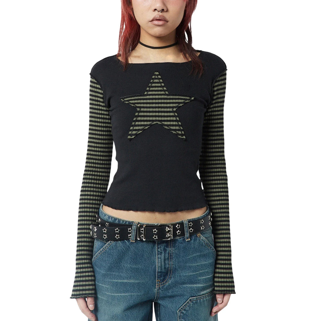 Women Star Casual Shirt Y2k Gothic Tops Long Sleeve Crew Neck Star Stripes Vintage Aesthetic Slim Tops Fashion Grunge Streetwear