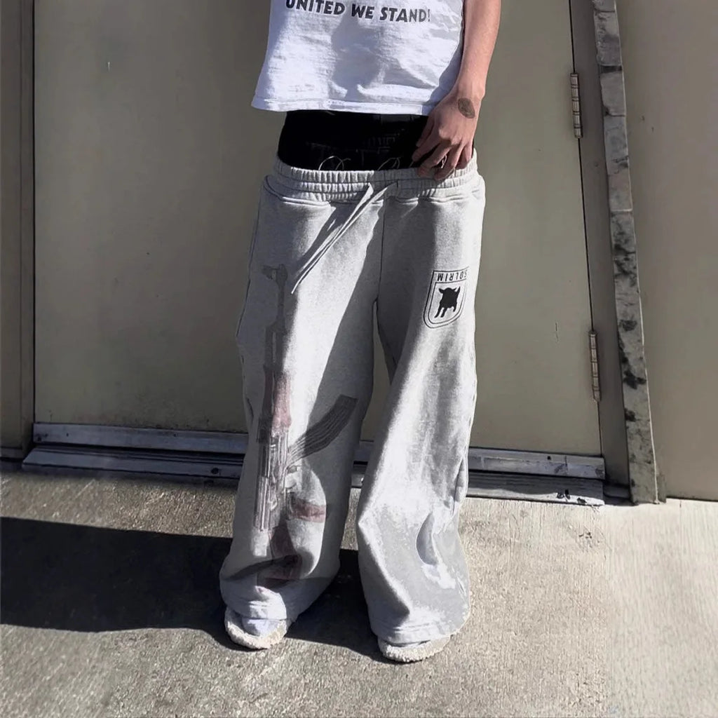 Y2k High Street European American Ins Printed Embroidery Street Folding Pants Headwear Casual Straight Pants West Coast style