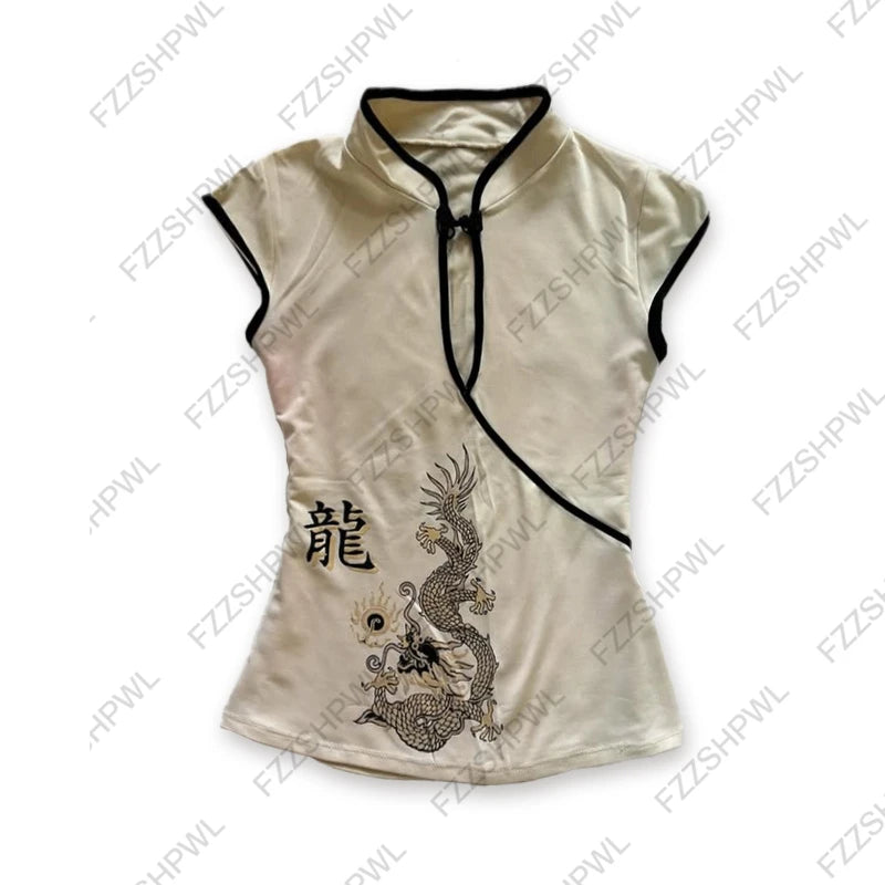 Chinese style T-shirt fashion high street Y2K millennial mood girl Gothic button fashion retro plaid women's short-sleeved tops