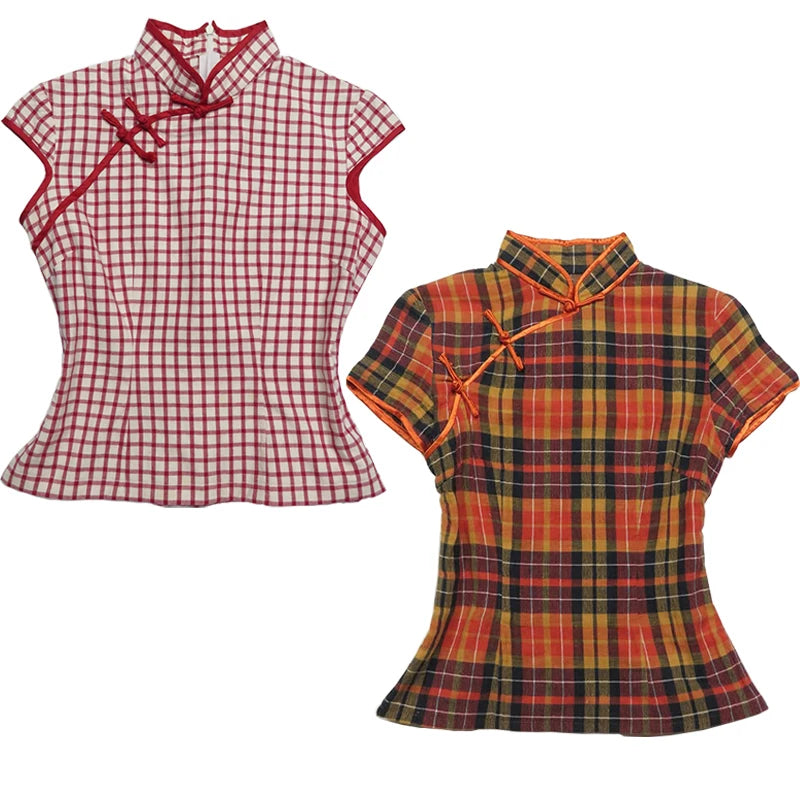 Chinese style T-shirt fashion high street Y2K millennial mood girl Gothic button fashion retro plaid women's short-sleeved tops