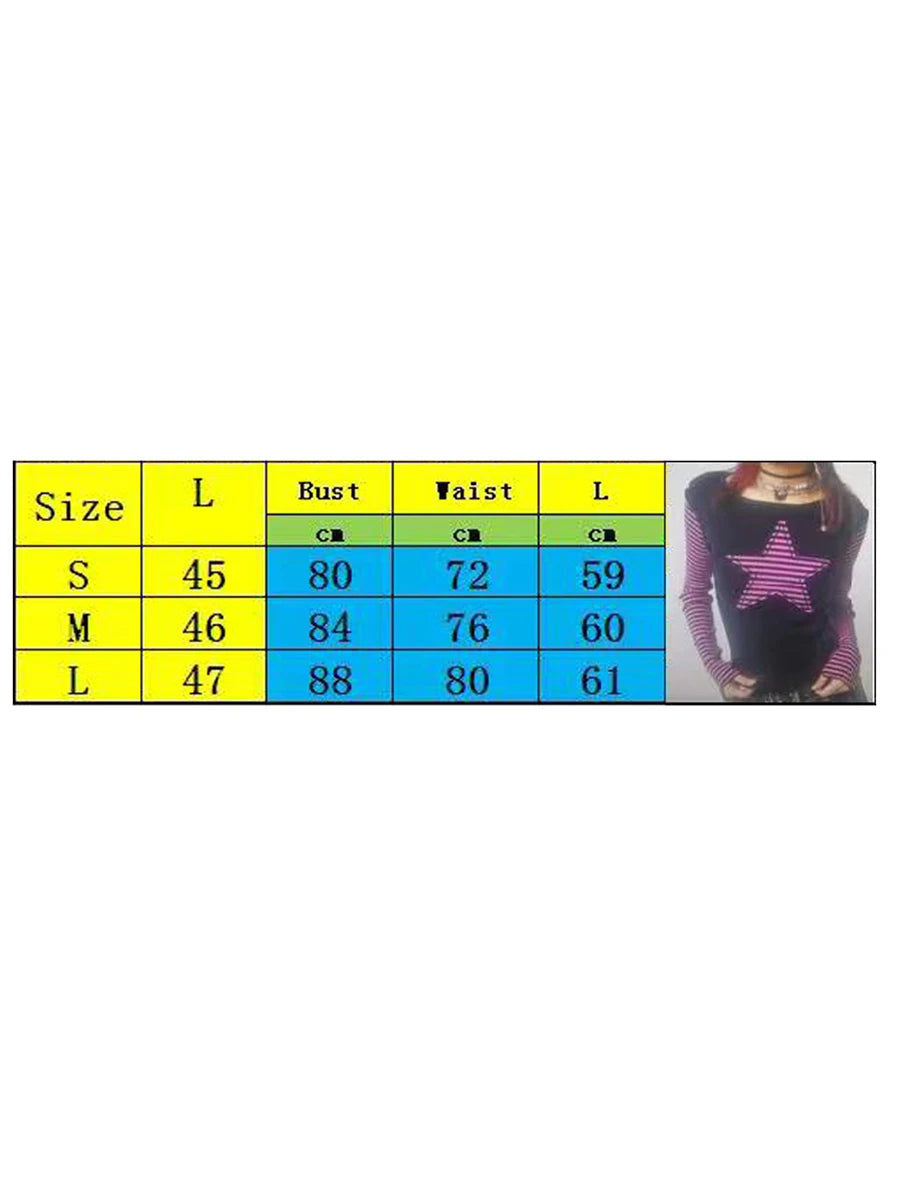 Women Star Casual Shirt Y2k Gothic Tops Long Sleeve Crew Neck Star Stripes Vintage Aesthetic Slim Tops Fashion Grunge Streetwear