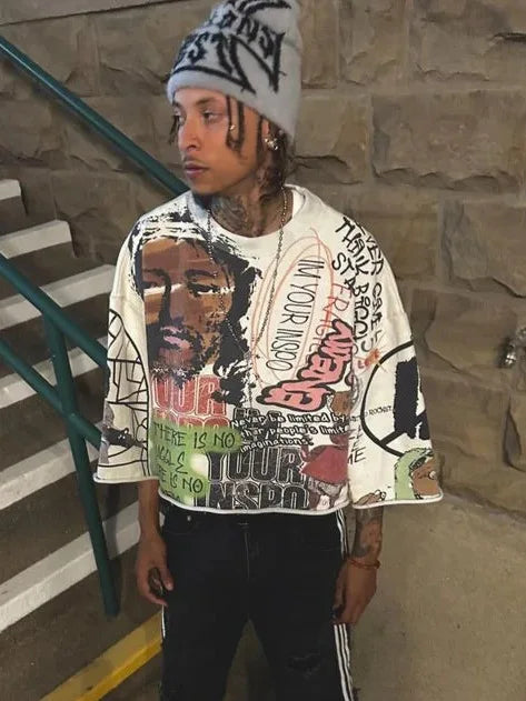 Y2K T Shirt Mid Long Sleeve Men Women Punk Hip Hop Graffiti Style Graphic Printed Oversized T Shirt Harajuku Loose Short MN5X
