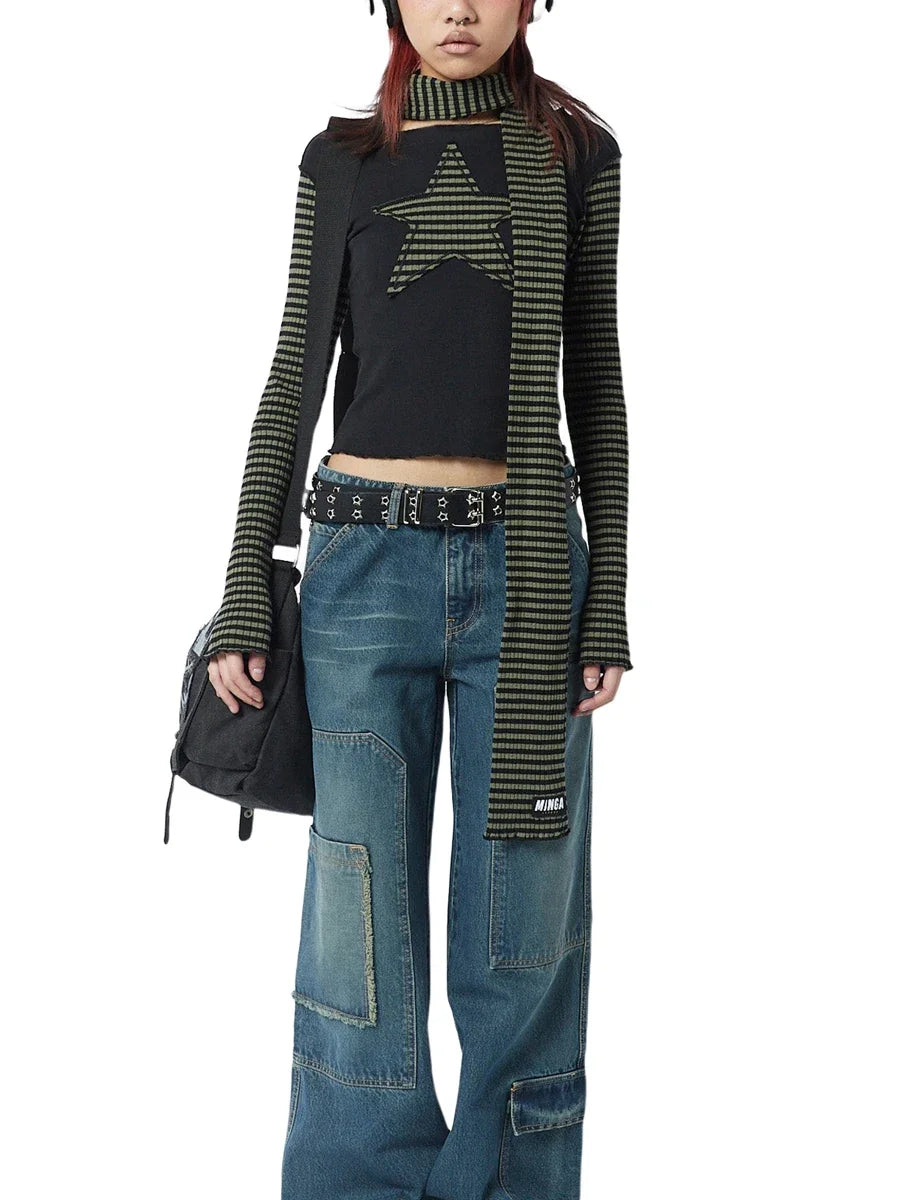 Women Star Casual Shirt Y2k Gothic Tops Long Sleeve Crew Neck Star Stripes Vintage Aesthetic Slim Tops Fashion Grunge Streetwear