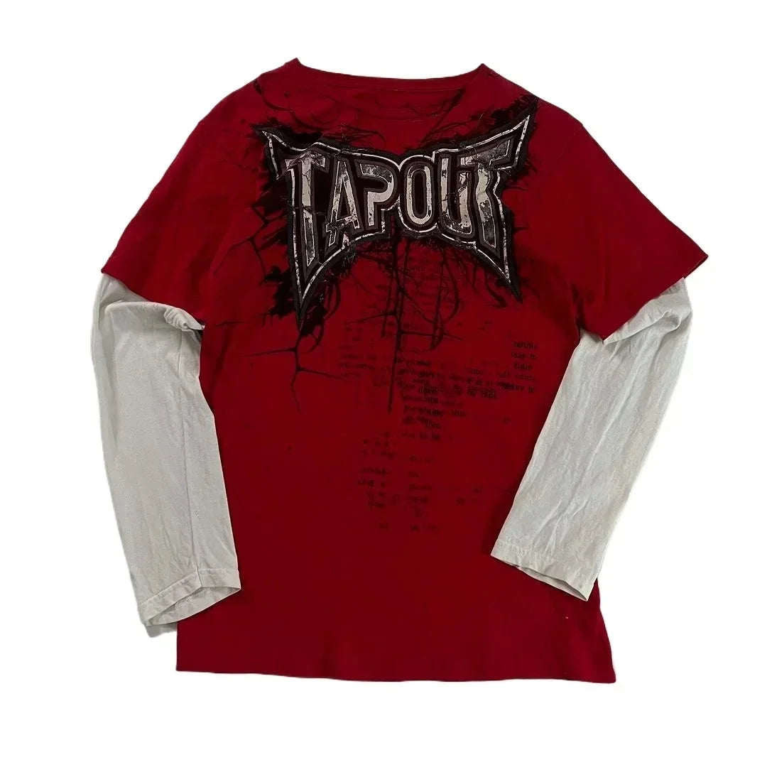 Y2K Cyber Grunge Fake Two Piece T-Shirt Scarlet Mystery Texture Gothic Streetwear Unisex Layered Top Lonely Rebel Style