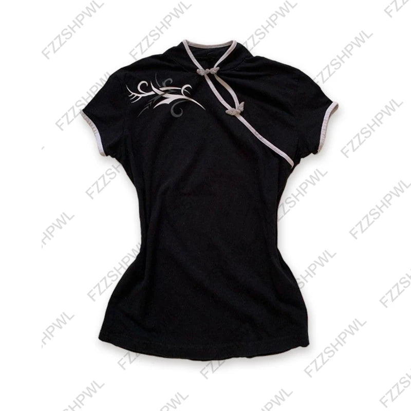 Chinese style T-shirt fashion high street Y2K millennial mood girl Gothic button fashion retro plaid women's short-sleeved tops