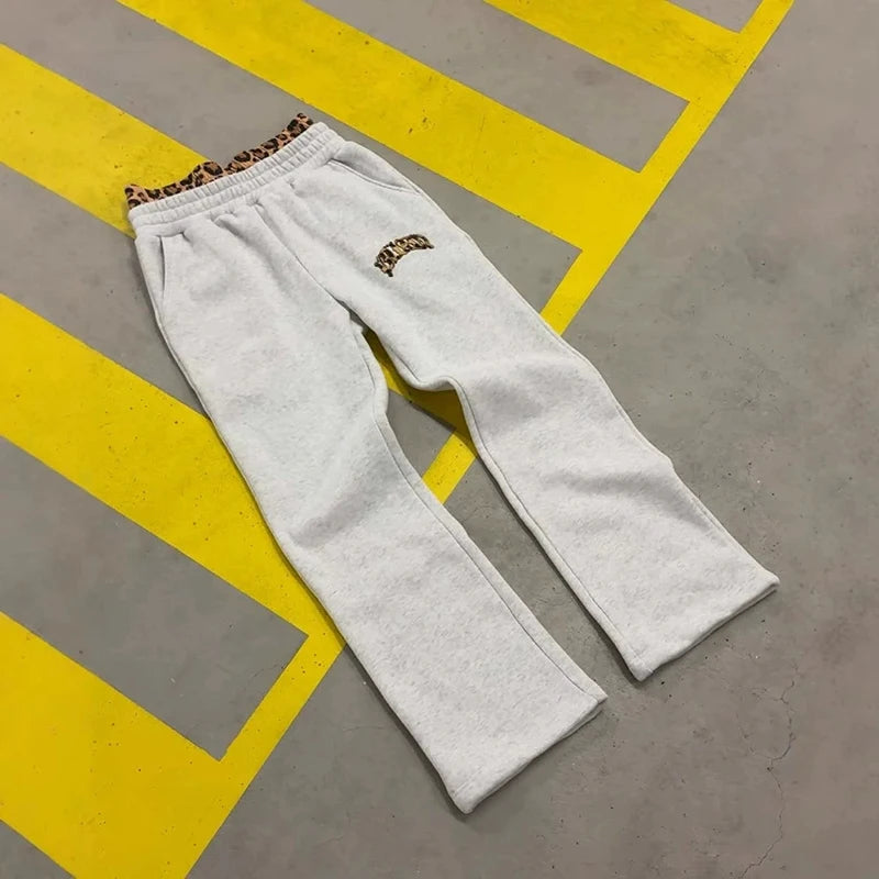Leopard Print Letter Embroidered Double Waistband Street Casual Pants Y2K Style Men's And Women's Versatile Sweatpants