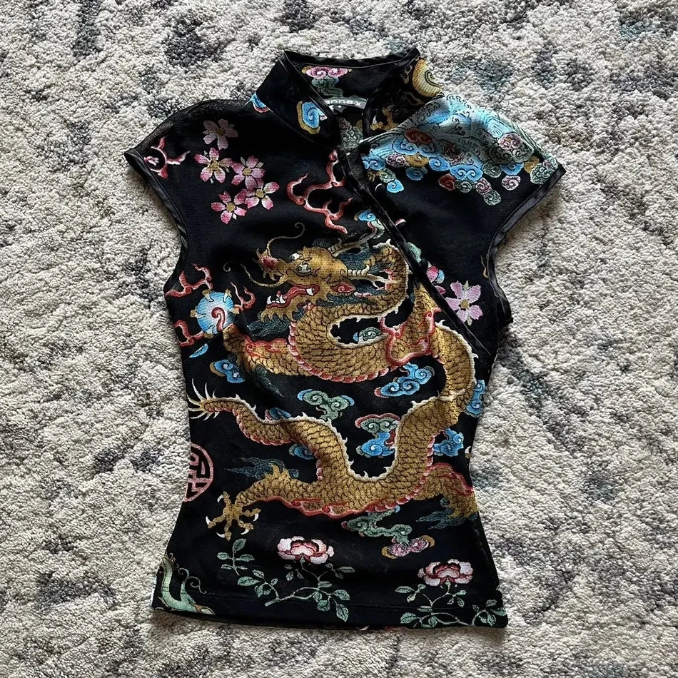 Chinese style T-shirt fashion high street Y2K millennial mood girl Gothic button fashion retro plaid women's short-sleeved tops
