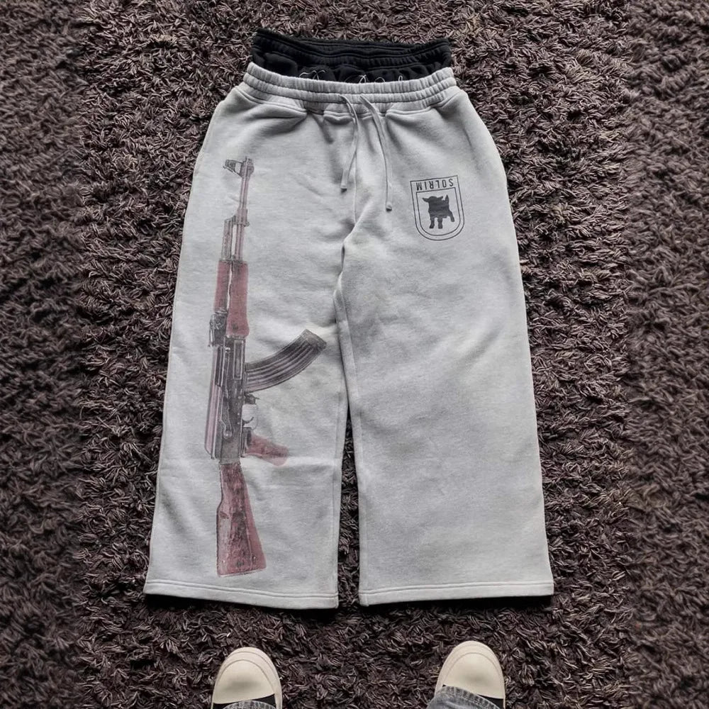 Y2k High Street European American Ins Printed Embroidery Street Folding Pants Headwear Casual Straight Pants West Coast style