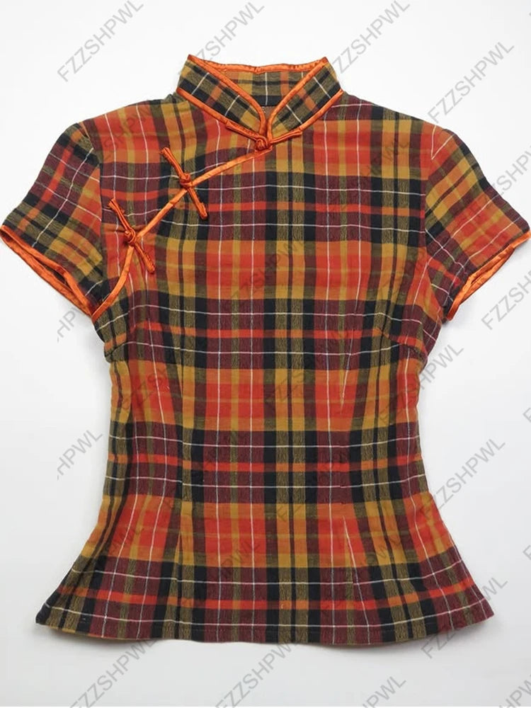 Chinese style T-shirt fashion high street Y2K millennial mood girl Gothic button fashion retro plaid women's short-sleeved tops