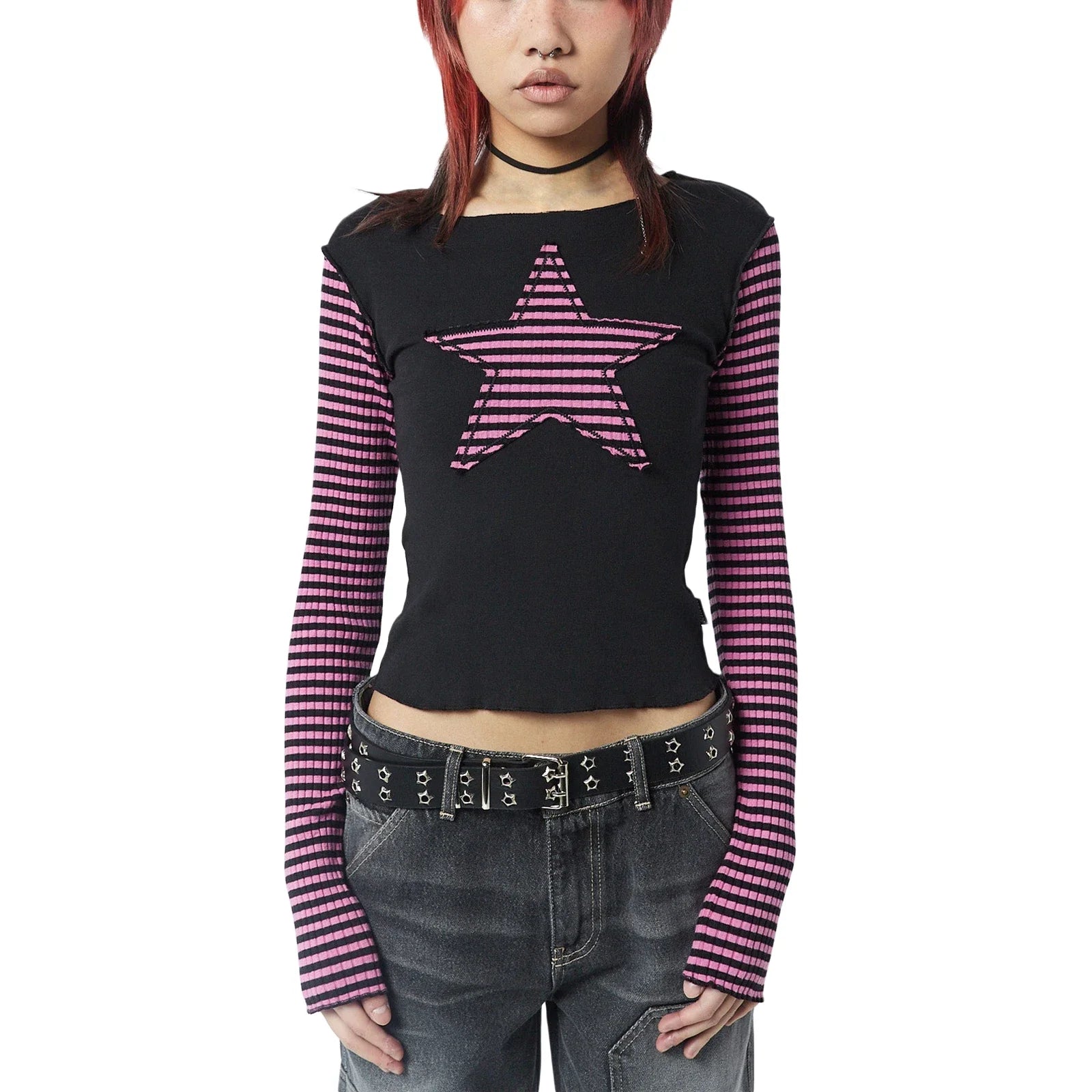 Women Star Casual Shirt Y2k Gothic Tops Long Sleeve Crew Neck Star Stripes Vintage Aesthetic Slim Tops Fashion Grunge Streetwear
