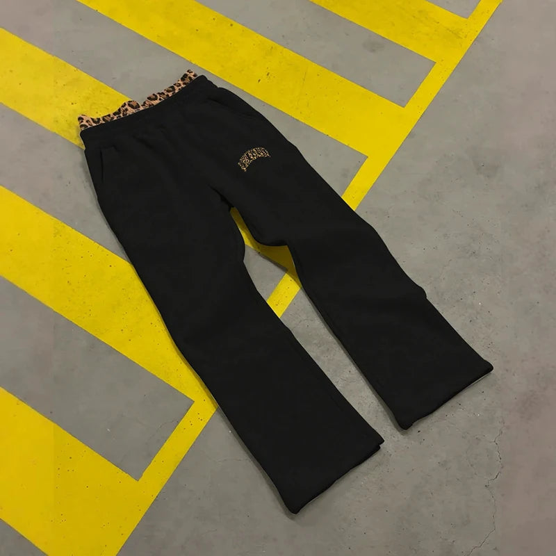 Leopard Print Letter Embroidered Double Waistband Street Casual Pants Y2K Style Men's And Women's Versatile Sweatpants