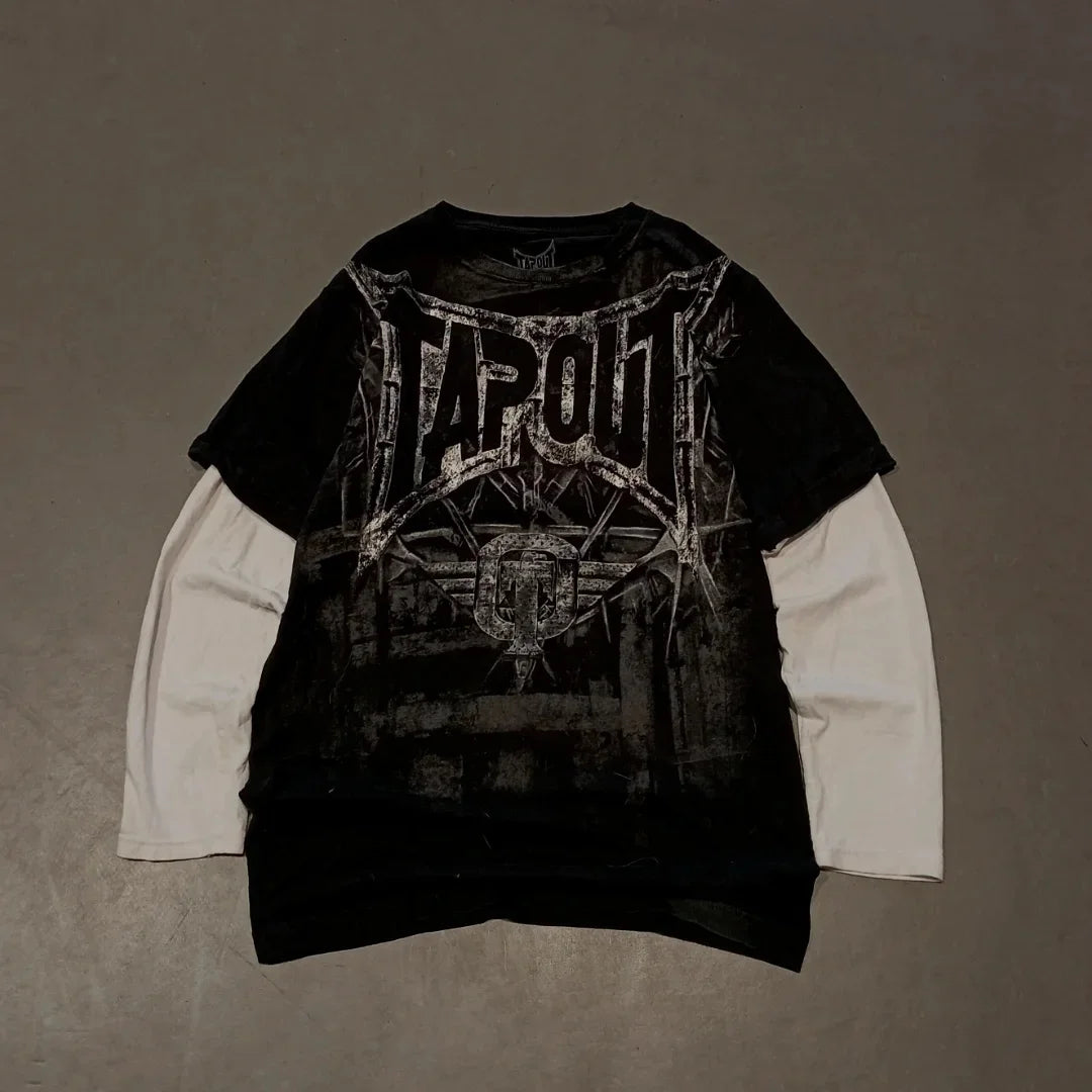 Y2K Cyber Grunge Fake Two Piece T-Shirt Scarlet Mystery Texture Gothic Streetwear Unisex Layered Top Lonely Rebel Style