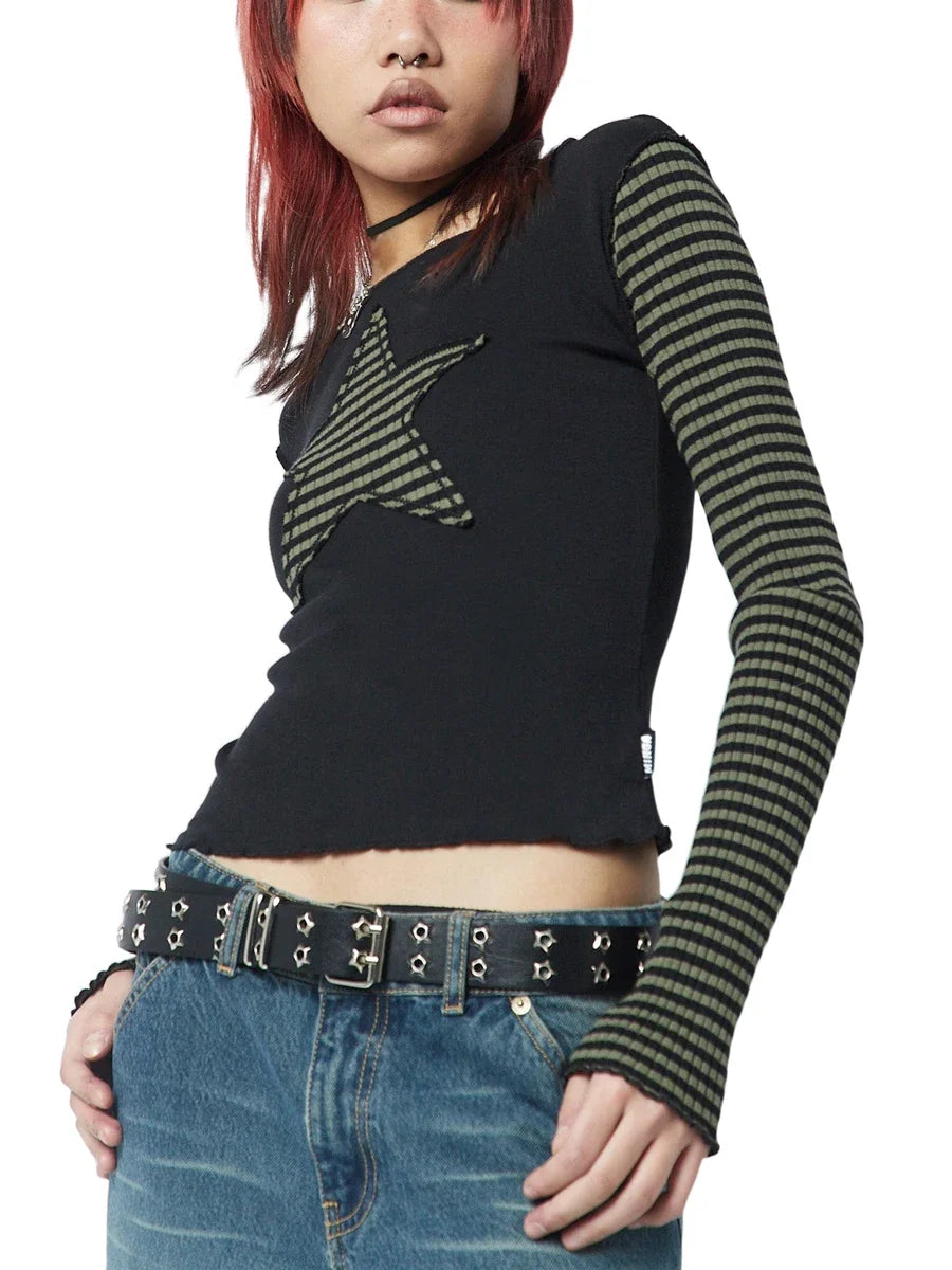 Women Star Casual Shirt Y2k Gothic Tops Long Sleeve Crew Neck Star Stripes Vintage Aesthetic Slim Tops Fashion Grunge Streetwear