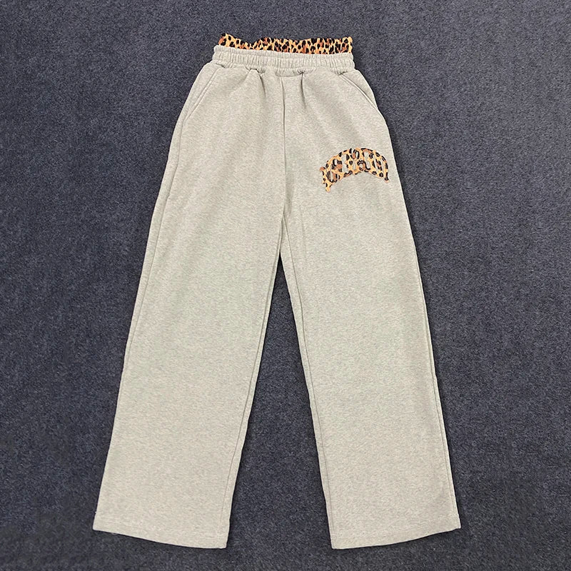 Leopard Print Letter Embroidered Double Waistband Street Casual Pants Y2K Style Men's And Women's Versatile Sweatpants