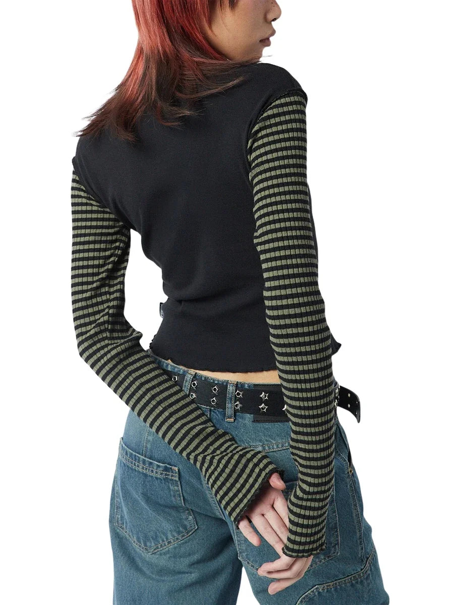Women Star Casual Shirt Y2k Gothic Tops Long Sleeve Crew Neck Star Stripes Vintage Aesthetic Slim Tops Fashion Grunge Streetwear