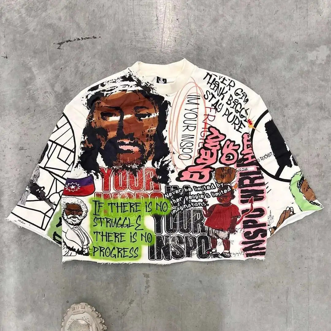 Y2K T Shirt Mid Long Sleeve Men Women Punk Hip Hop Graffiti Style Graphic Printed Oversized T Shirt Harajuku Loose Short MN5X