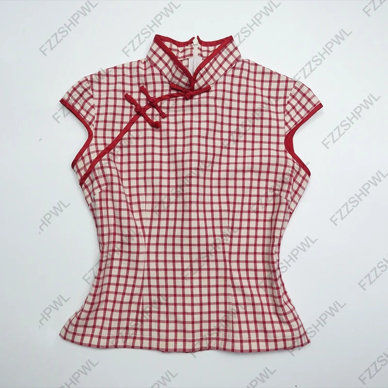 Chinese style T-shirt fashion high street Y2K millennial mood girl Gothic button fashion retro plaid women's short-sleeved tops
